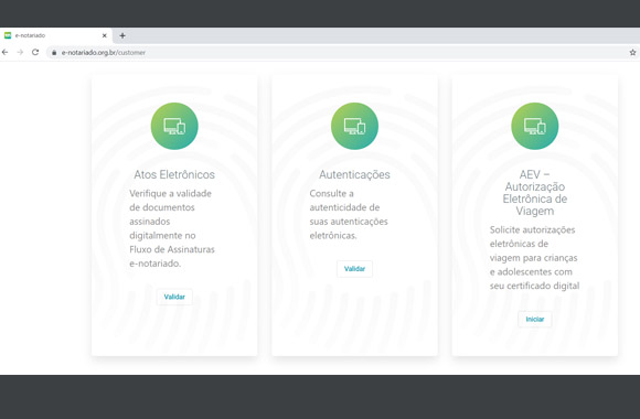 Imagem do site e-notariado, mostrando o local onde se solicita a Autorização Eletrônica de Viagem (AEV)