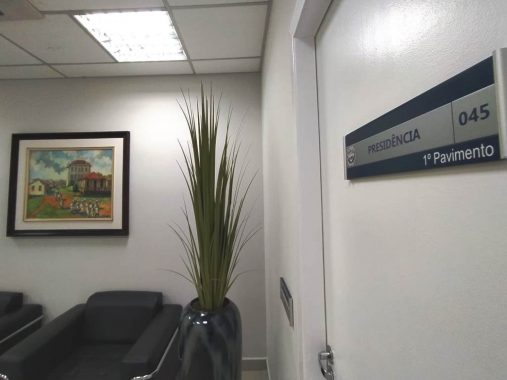 Foto da antessala da presidência mostrando a tela ao fundo