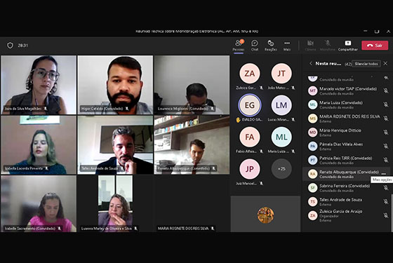 Imagem da tela de videoconferência, dividida em três colunas. Na coluna esquerda, mostra os quadrados com as imagens dos participantes. Na coluna do meio os nomes dos participantes e na lateral direita outra lista com nomes de mais participantes