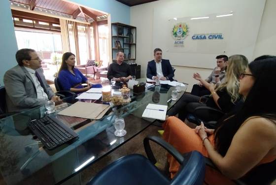 Foto de uma mesa oval com sete pessoas sentadas em volta dela conversando.