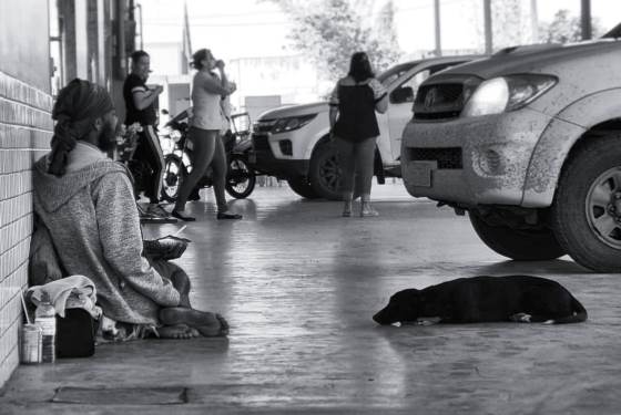 Foto de uma pessoa em situação de rua sentada no chão. Na sua frente um cachorro e uma caminhonete estacionada. Ao fundo pessoas passam.