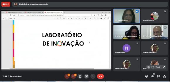 Imagem das janela de videochamada. Na esquerda um slide escrito "Laboratório de Inovação" e na esquerda os quadrados mostrando os vídeos dos participantes