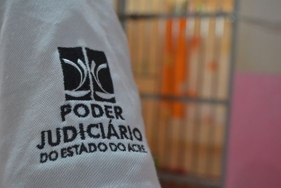 Foto mostrando em primeiro plano focado o detalhe de uma camiseta com a logomarca do Poder Judiciário do Acre e ao fundo desfocado é possível ver grades de uma cela