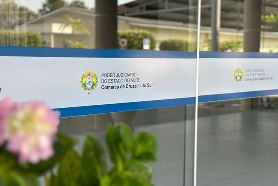 Foto da porta de entrada do Fórum de Cruzeiro do Sul. É uma porta de vidro com adesivo em tons azuis com logomarca do Estado e escrito "Poder Judiciário do Estado do Acre: Cruzeiro do Sul". No primeiro plano desfocada há flores rosa e verde.