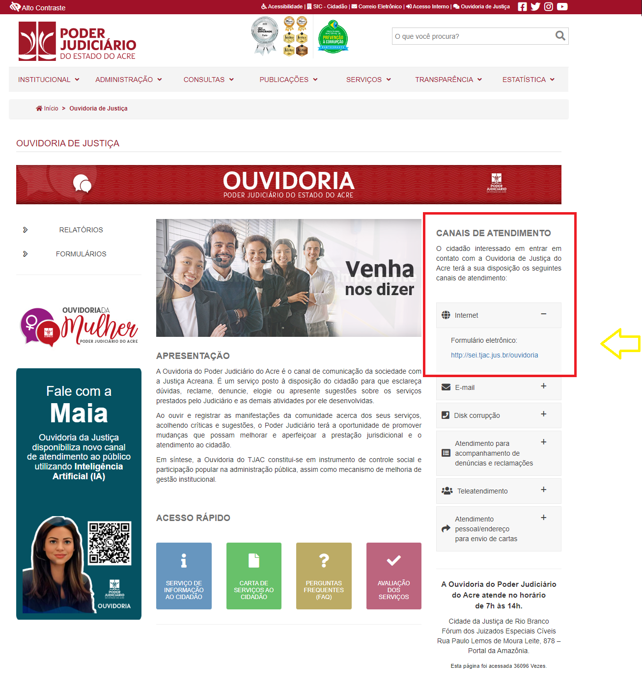 Print da página da Ouvidoria no site do TJAC