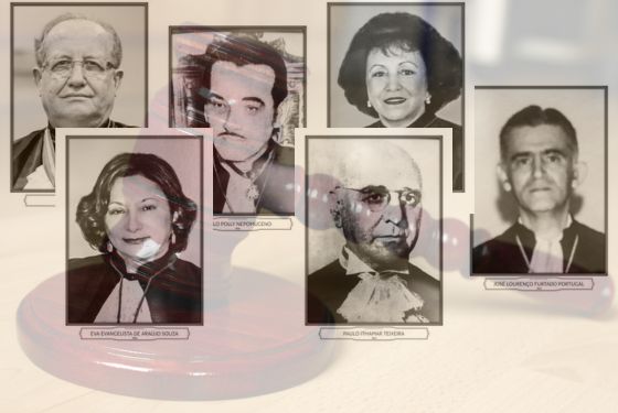 Imagem de uma galeria com as fotos de antigos desembargadores, dentre eles está a nossa decana, desembargadora Eva Evangelista.