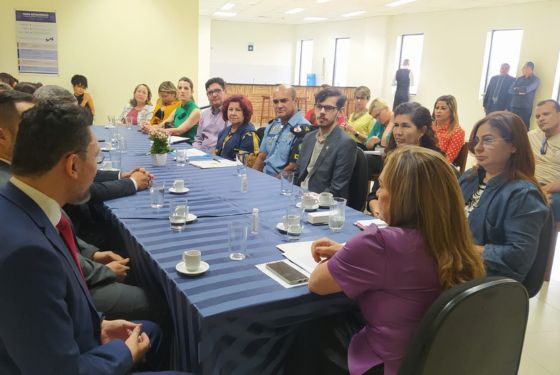 Os integrantes do Comitê sentados à mesa de reunião numa perspectiva da presidente do TJAC.