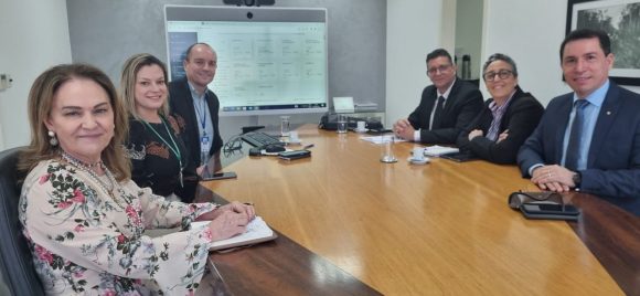 Foto de uma mesa de reunião onde estão representantes do TJRO e a desembargadora Regina Ferrari, o desembargador Laudivon Nogueira, a diretora da DITEC, Raquel Cunha e um assessor do TJAC