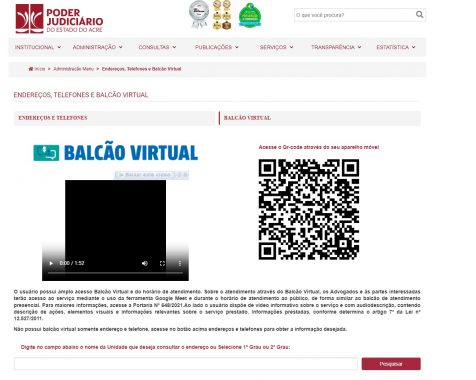 Imagem da página do balcão virtual e seu respectivo QR Code, do site do TJAC.