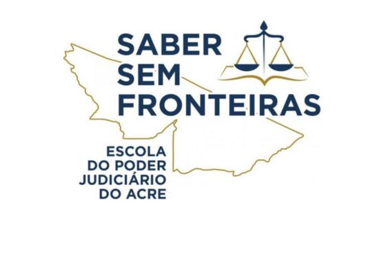 Mapa do Acre e uma balança da justiça. No mapa tem escrito bem grande Saber Sem Fronteiras - Escola do Poder Judiciário do Acre